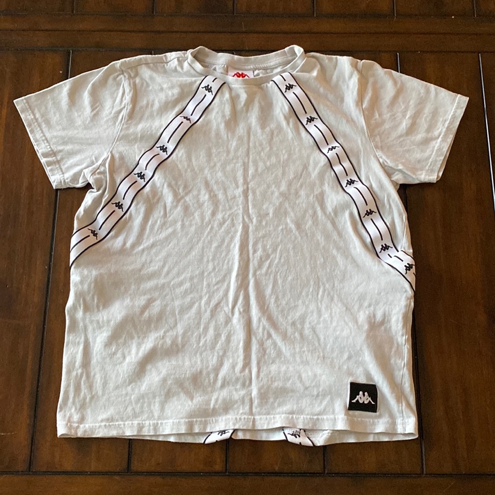 Kappa Tee. Light Grey with Black/White Stripes. Sz Medium. Worn. Fits Smaller